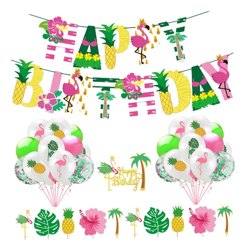 Happy Birthday Banner Balloons Hawaiian Decoration Top Hat
