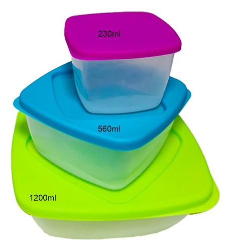 Set 3 Contenedores Para Alimento Tupper Cuadrados