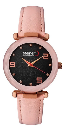 Reloj Análogo Para Dama Steiner Correa De Piel 36mm 3atm Correa Rosa Bisel Rosa Fondo Negro