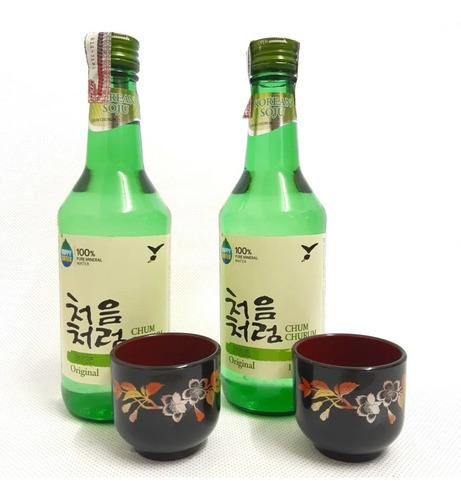 02 Bebida Alcoólica Soju Coreano Original + 02 Copo Guinomi