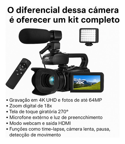 Câmera Profissional Vídeo 4k Com Sd 128gb E Microfone