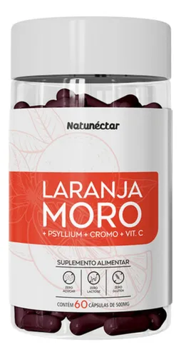 Moro Laranja Suplemento Alimentar 60 Cápsulas 500mg Sabor Laranja Moro + Psyllium + Cromo + Vitamina C