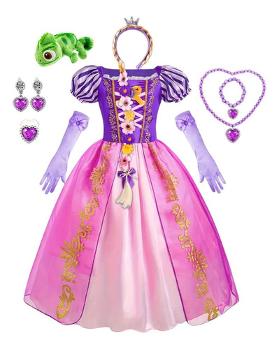 Disfraz De Princesa Rapunzel Con Pascal + Accesorios Rapunzel M