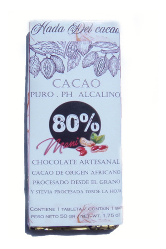 Imagen 1 de 10 de Chocolate 80%  Cacao Con Mani Sin Azucar Stevia Keto Vegano