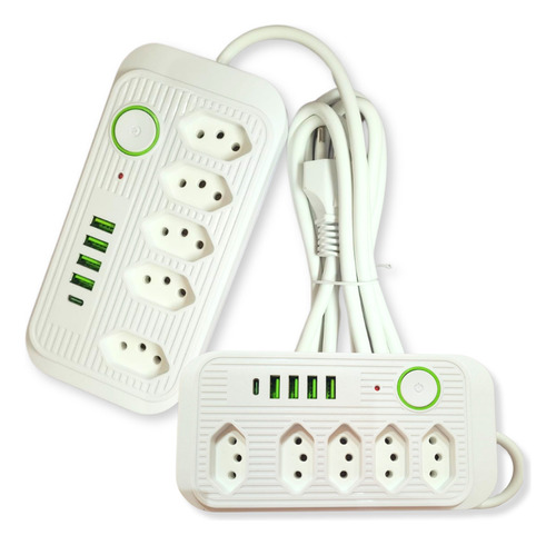Extensão Filtro De Linha 5 Tomadas Usb Anti Chamas Cor Branco