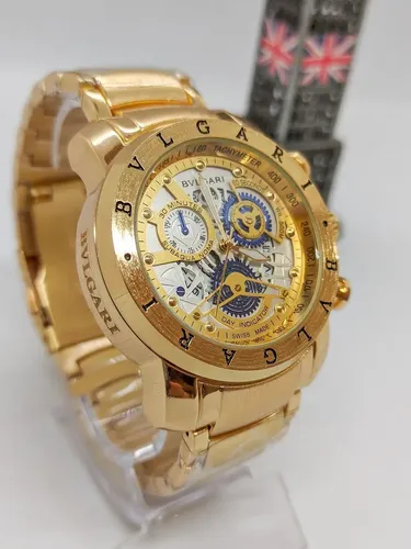 Relógio Esqueleto Bvgari Masculino Dourado de Aço e Cerâmica com Cronógrafo
