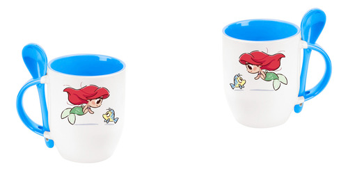 Taza Sirenita Princesa Con Cuchara Azul Cielo Sirenita