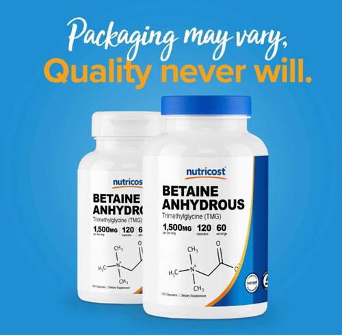 Betaína anidra Tmg 1.500 mg (120 cápsulas) Fabricada nos EUA com sabor sem sabor