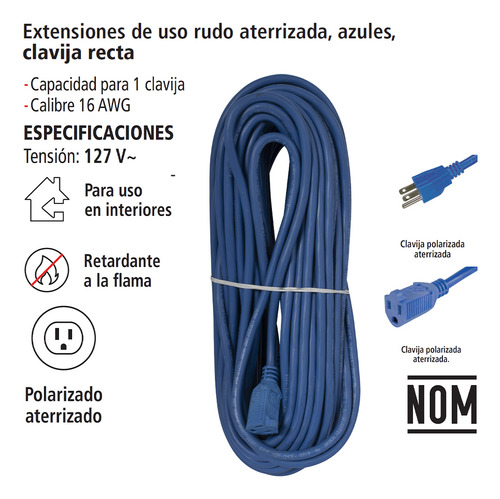 Extensión Uso Rudo Aterriz. Azul, Clavija Recta, 30m, Iusa