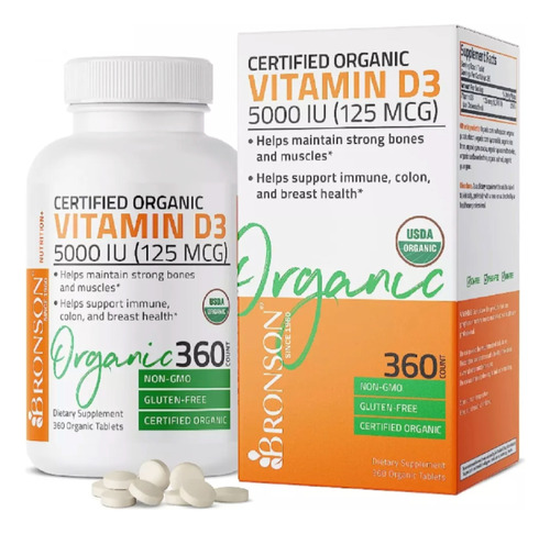 Vitamina D3 Orgánica 5000ui 125mcg (360 Tabletas) Americano