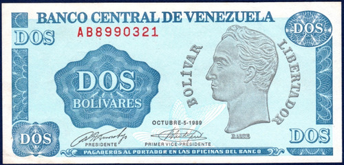 Billete 2 Bolívares Ab7 Oct 05 1989 Simón Bolívar Tinoquito