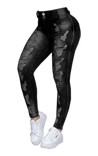 Rasgado Negro De Alta Elasticidad Skinny Jeans, Color Sólido Distressed  Slash Bolsillo Streetwear Pantalones De Mezclilla, Jeans Y Ropa De Mujer