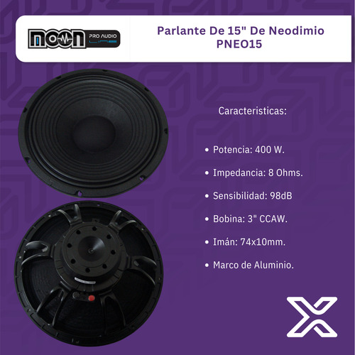 Parlante Woofer 15 Pulg 8 Ohms 400 Watts Pneo15 Moon Negro