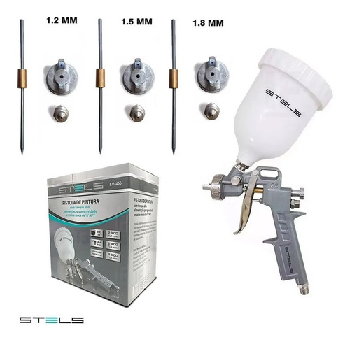 Pistola Pintura Gravidade 600ml + 3 Bicos 1.2 1.5 1.8 Stels