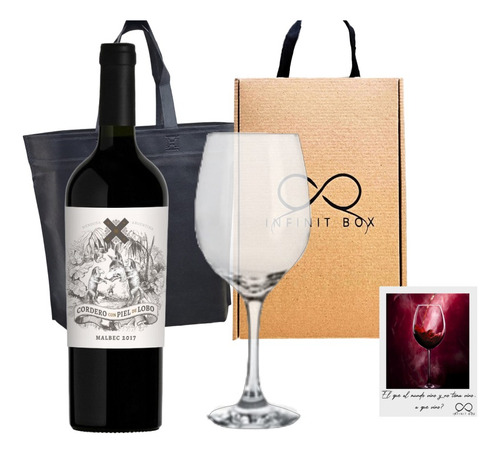 Box Regalo Vino Cordero Con Piel De Lobo + 1 Copa Vidrio