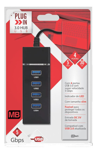 Hub Usb 4 Portas 3.0 Mbtech - Velocidade 5gbps