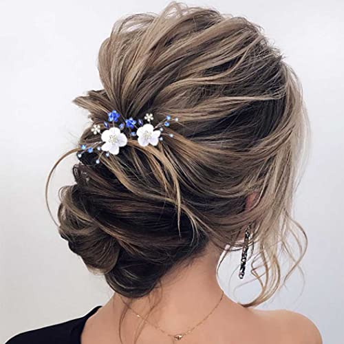 Ybshin Boda Encaje Flor Pelo Pins Azul Rhinestone 4kmxt