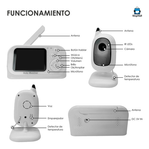 ShopMall Monitor Para Bebé 3.2 pulgadas inalámbrico visión nocturna 3.2 color blanco
