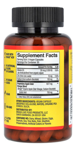 Suplemento De Cápsulas De Vinagre De Maçã Bragg 750 Mg Com D