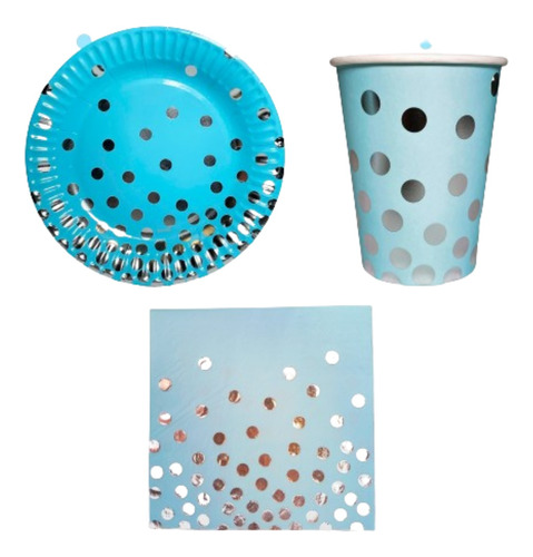 Party Store - Kit Platos Vasos Servilletas Celeste Lunares