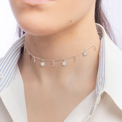 Chocker Feminino Prata 925 30 Cm + Extensor Lua E Estrela Cor Prateado