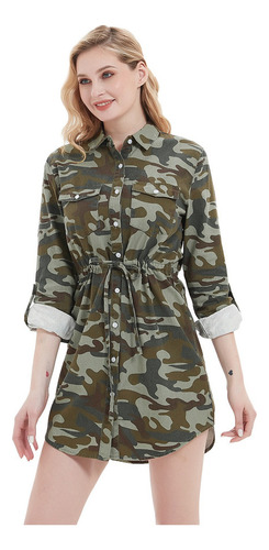 Vestido Tipo Camisa De Mezclilla Con Manga Larga Para Mujer,