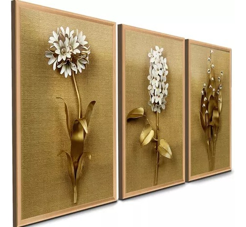 Quadro Dourado Flores Branca Surrealista  Parede Bonita 