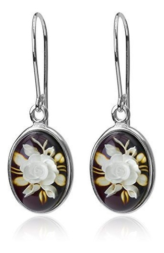 Pendientes Ovalados De Flores De Rosa De Plata De Esterlina 