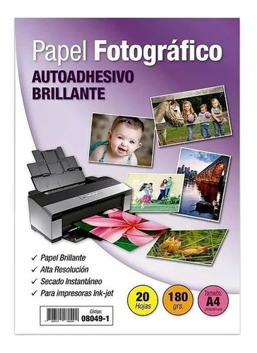 Papel Fotográfico Adhesivo Brillante 180gr A4 20 Hojas 