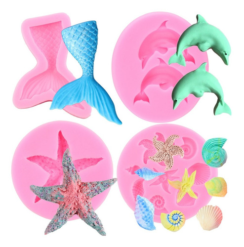 4pcs Molde De Silicon Estrella De Mar Cola De Sirena Fondant