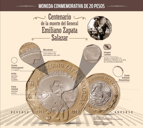 Imagen 1 de 4 de Moneda Conmemorativa 20 Pesos Emiliano Zapata