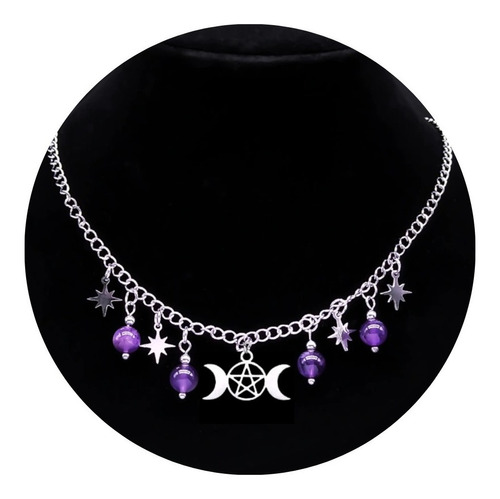 Collar Dije Triple Luna Amuleto Talismán Cuarzo Morado Wicca