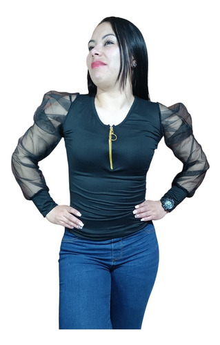 Blusa Para Mujer Con Velo En Las Mangas Y Cremallera 