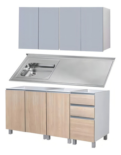 Mueble Bajo Mesada Ricchezze Potenza 160 Cm + Alacena + Mesada Johnson Acero Inoxidable Con Bacha Simple