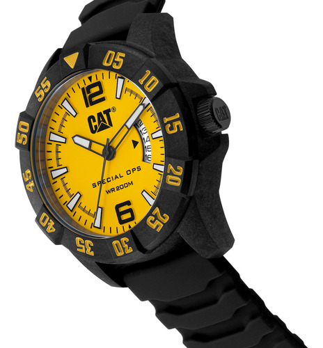 Reloj Caterpillar Special Ops Karbon 4 K4.121.21.731 Malla Negro Bisel Negro Fondo Amarillo