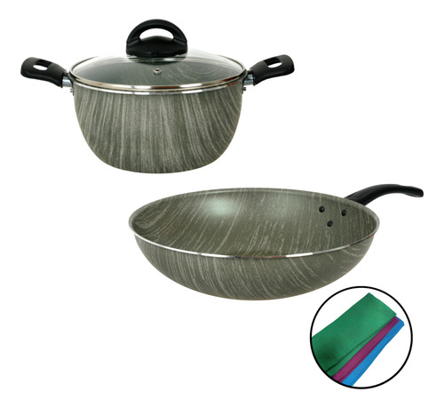 Bateria De Cocina Cacerola Wok Tapa De Vidrio Aston Terra 