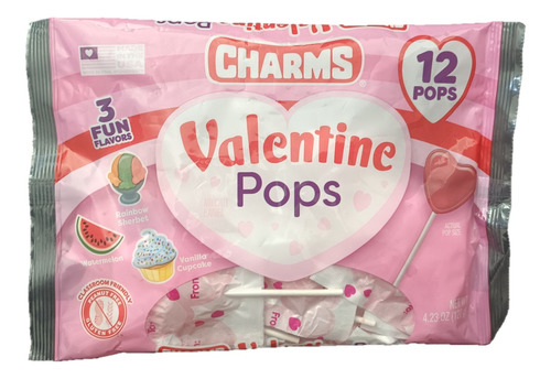 Paletas Charms De Corazón San Valentín 3 Sabores 12pz Import