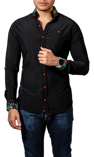 Camisa Hombre Casual Slim Fit Negra Detalles Rojos Moon Rain