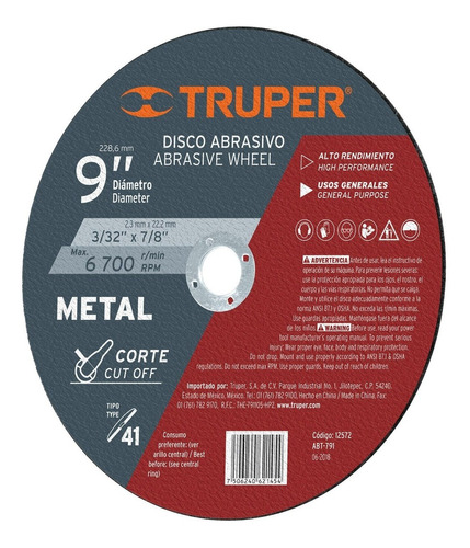 Disco P/corte Metal 41 Diámetro 9'' Truper 12572 C/5pzas