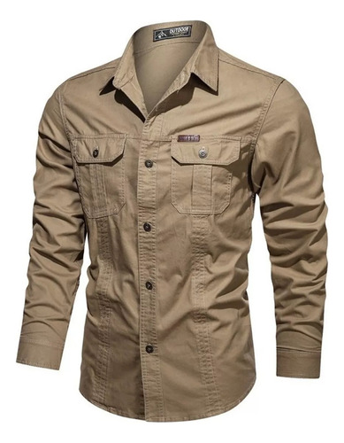 Camisa Cargo Militar Con Botones De Manga Larga Para Hombre