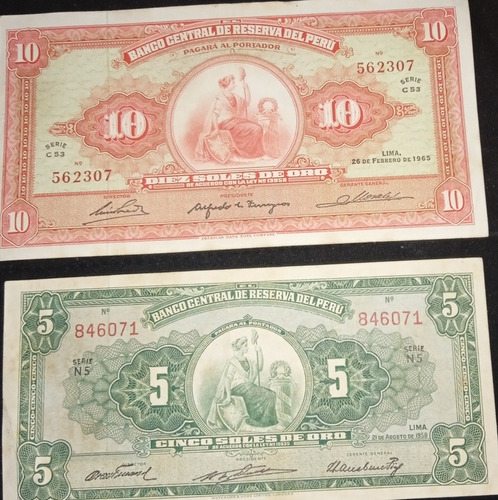 Dos Billetes Antiguos De 10 Y 5 Soles