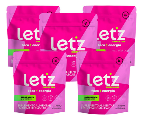 Chiclete Energético Let'z Gum Pré-treino/trabalho 5 Pacotes Menta