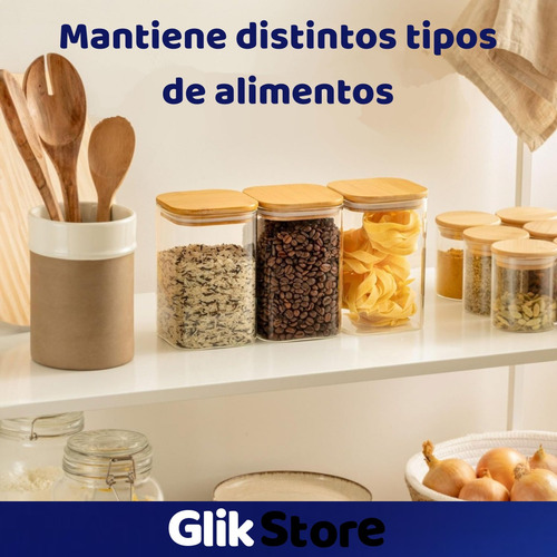 4 Frascos Hermeticos Organizadores Cocina Vidrio Tapa Bambu Transparente