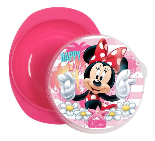 Prato Fundo Bowl Para Bebê Com Ventosa E Tampa Minnie Cor Rosa