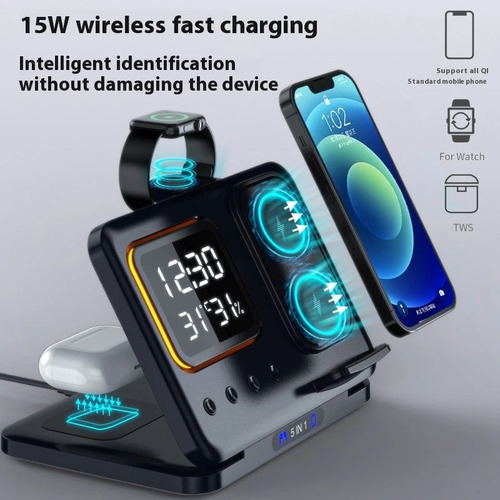 Carregador Sem Fio Indução Wireless 5 Em 1 Apple Luz Relógio