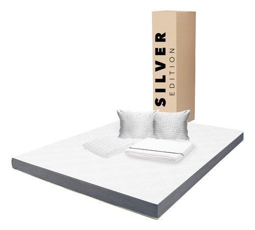 Colchón Queen Size 15 Cm + Sábanas, Protector Y Almohada Blanco Con Gris