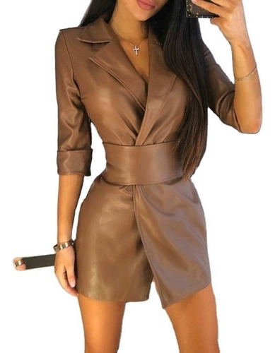 Vestido De Mujer De Cuero Sólido Con Cuello De Blazer