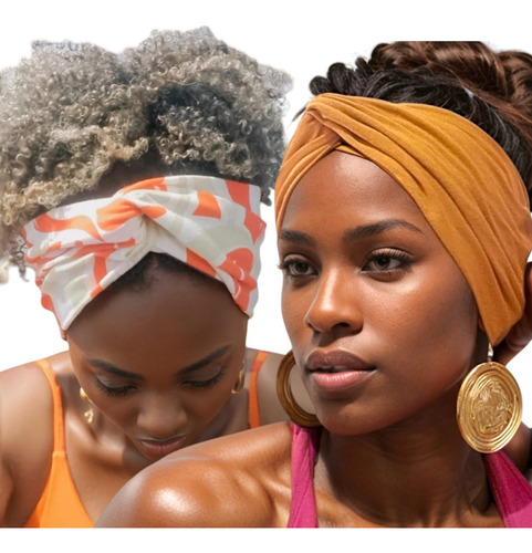 Faixa Turbante Kit Ata Multimarcas Adulto Viscose Flexível. Cor Marrom E Laranja Afro