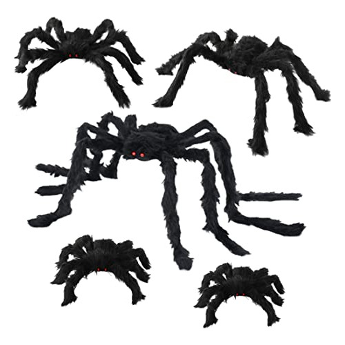 Halloween Giant Spiders - 5pcs Black Hairy Poseable Spi...