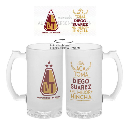 Mug Cervecero Taza Deportes Tolima Nombre Vidrio Opalizado